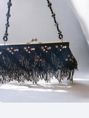 Black Beaded Fringe Evening Clutch - Elegant Party Bag■ Firm《■ EUC